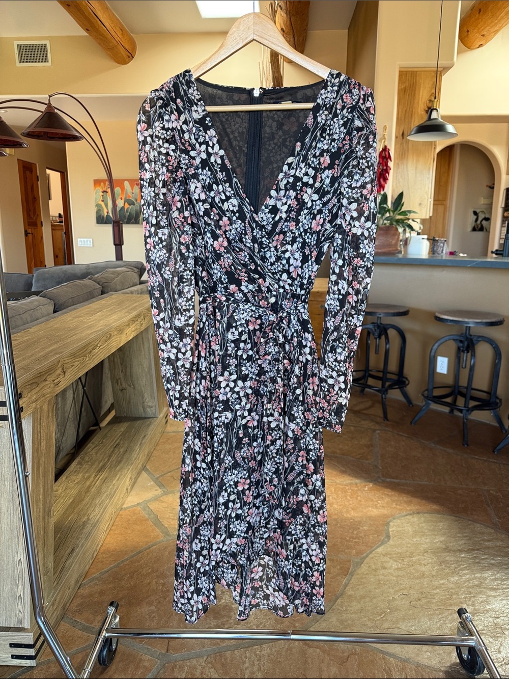 Tommy Hilfiger Long Sleeve Chiffon Floral High/Low V-Neck Dress